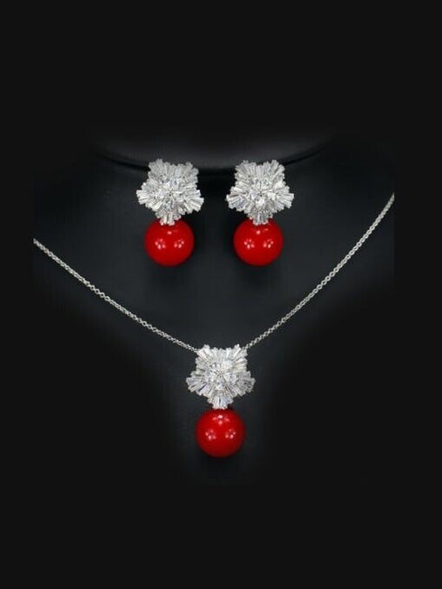 Luxury Red Pearl 18K White Gold-Plated Zirconia Necklace & Drop Stud Earrings